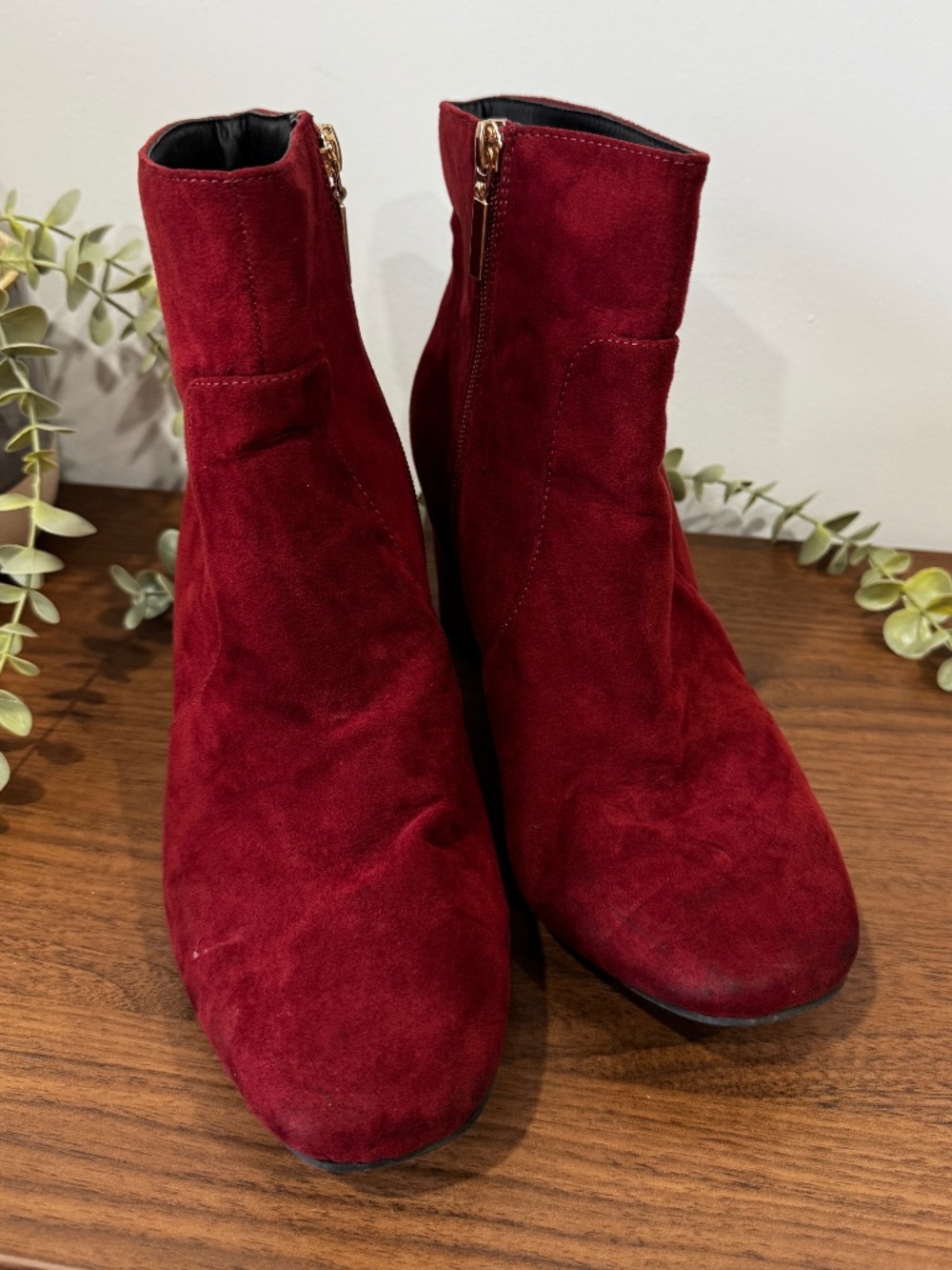 Primark Burgundy Faux Suede Block Heel Ankle Boots Size 10